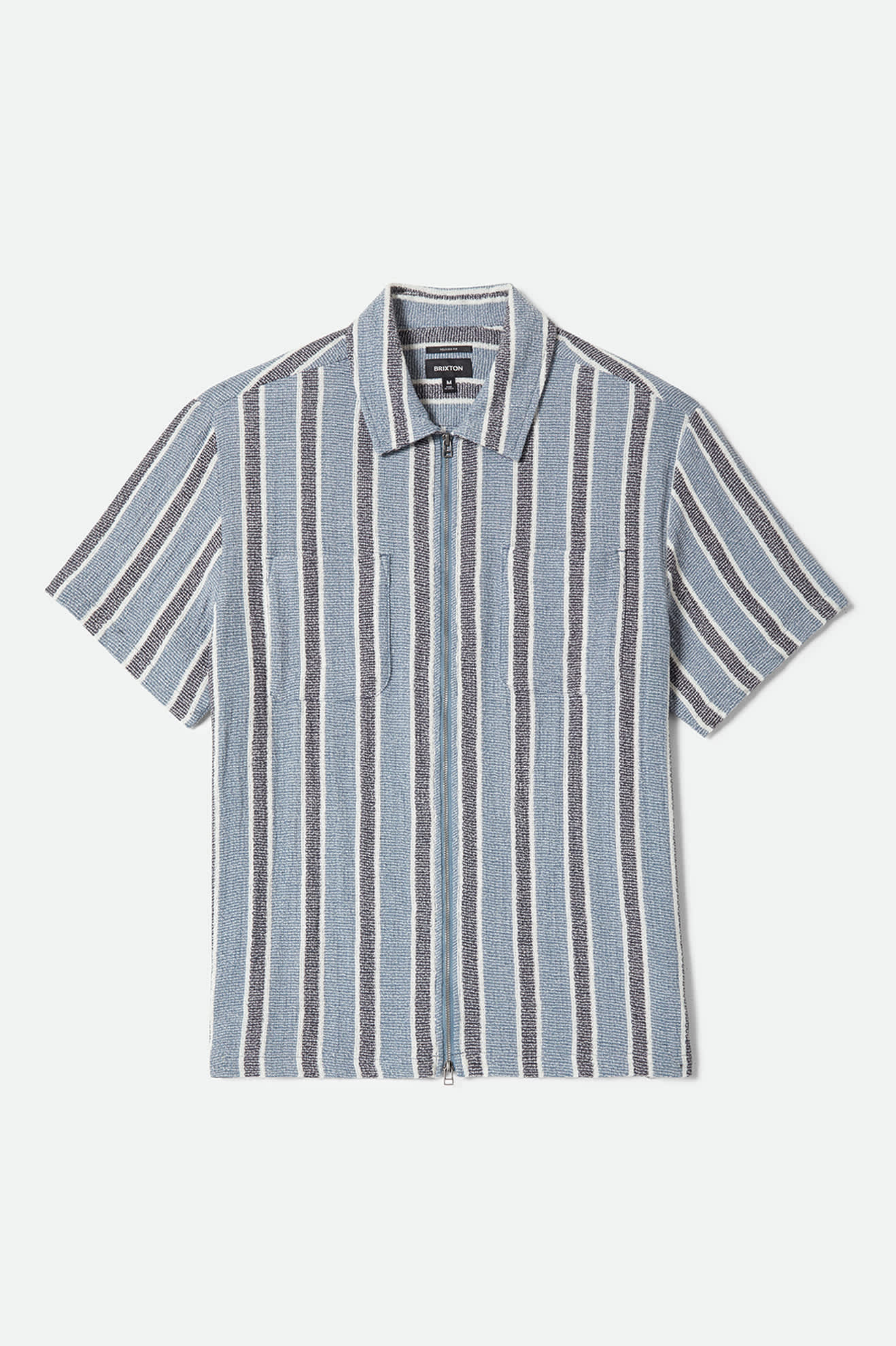 Men's The Dexter Textured Stripe Short Sleeve Shirt in the color Black/Dusty Blue - Front Product Laydown Image