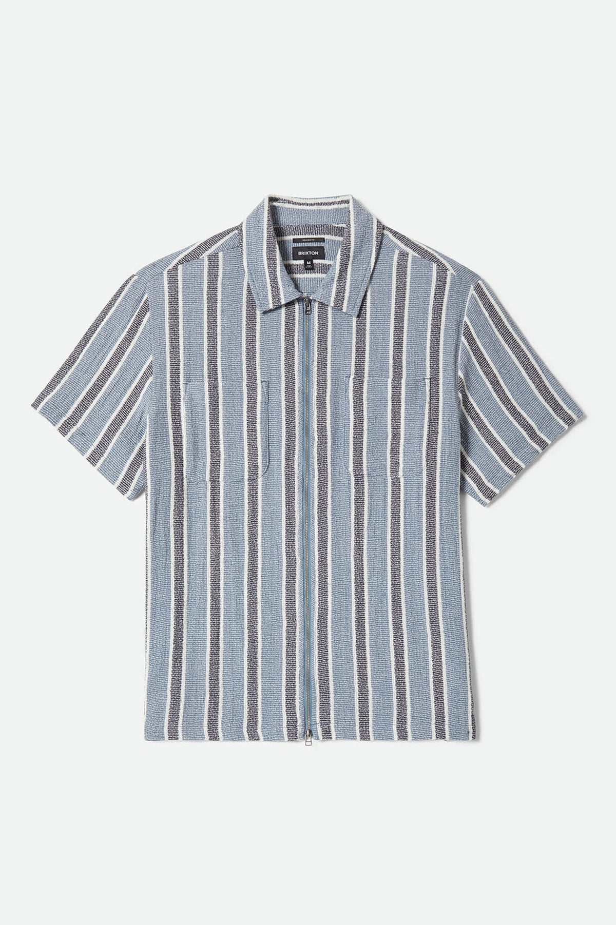 Men's The Dexter Textured Stripe Short Sleeve Shirt in the color Black/Dusty Blue - Front Product Laydown Image