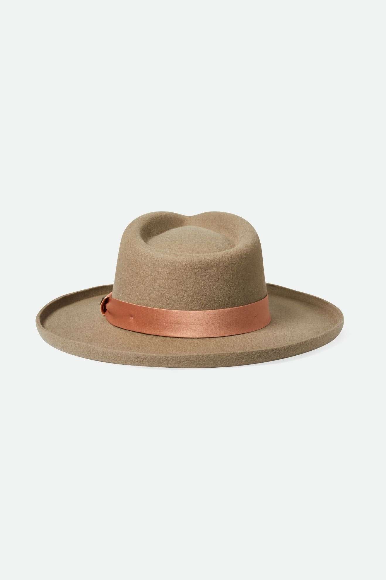 Back Laydown Image for Victoria Felt Fedora - Timberwolf/Rose Gold Satin