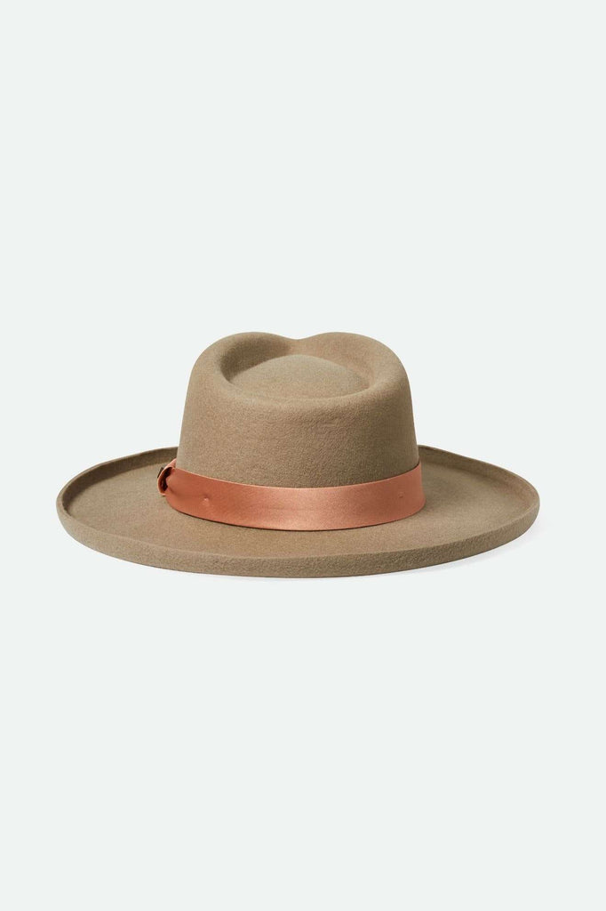 Back Laydown Image for Victoria Felt Fedora - Timberwolf/Rose Gold Satin