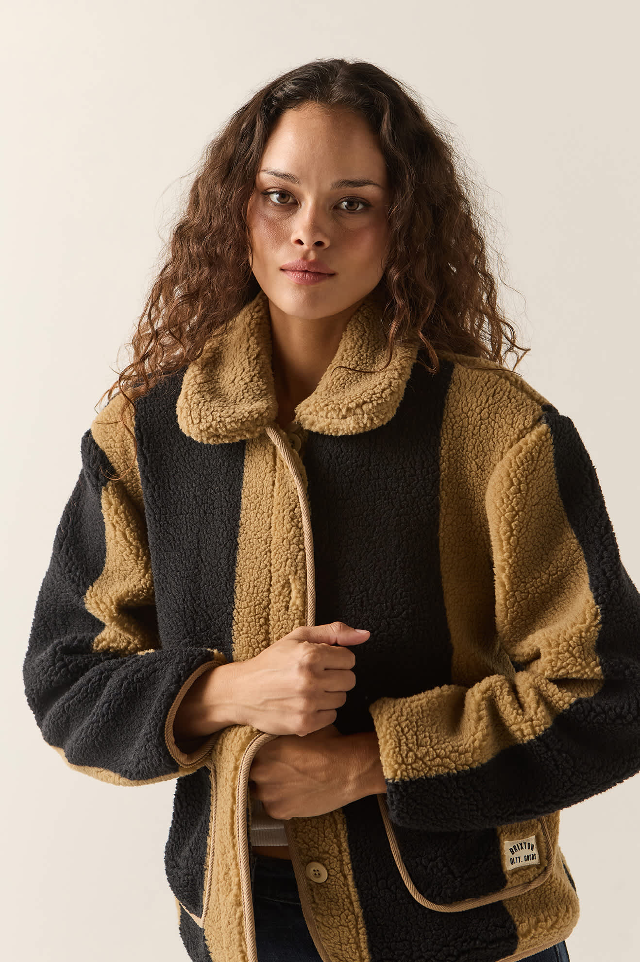 Women's Delilah Sherpa Jacket in the color Khaki/Black Stripe - Additional Fit image