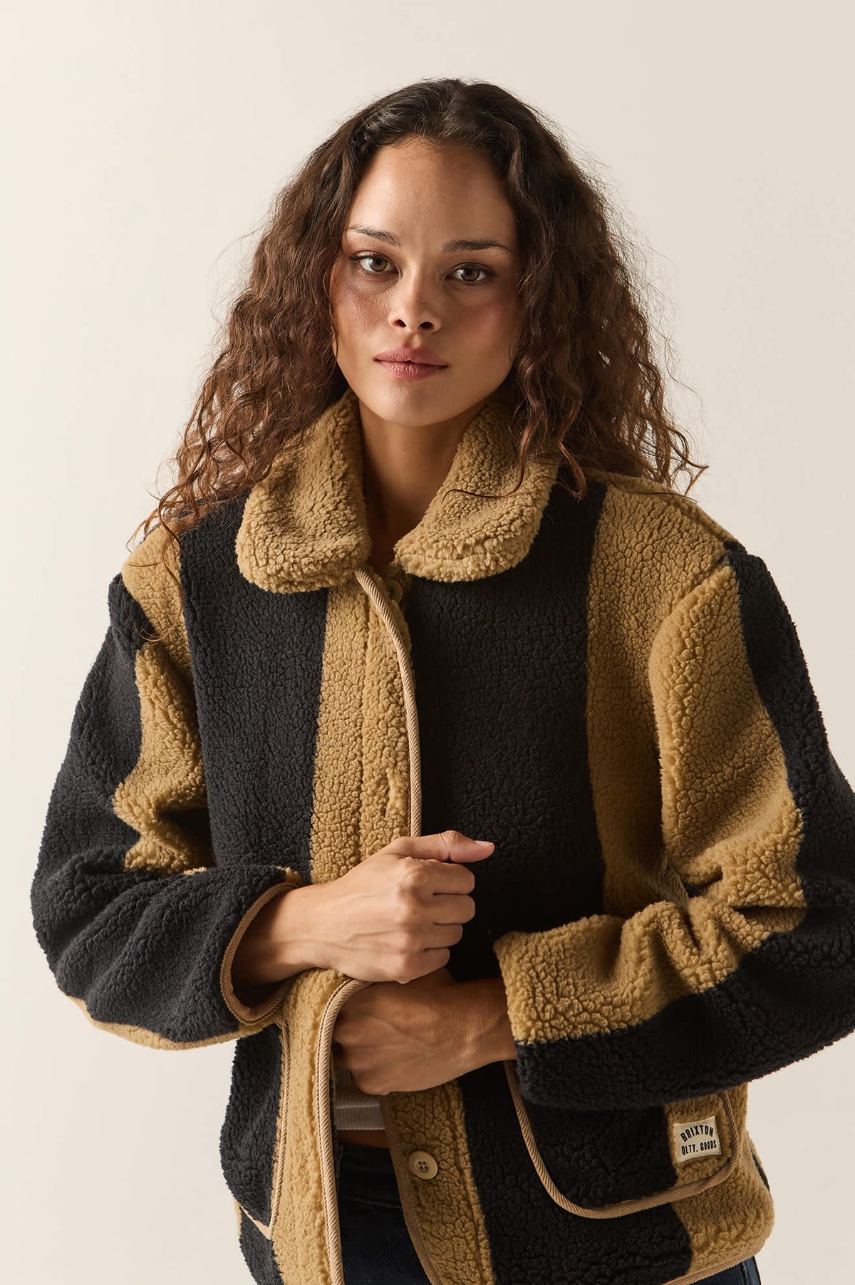 Women's Delilah Sherpa Jacket in the color Khaki/Black Stripe - Additional Fit image