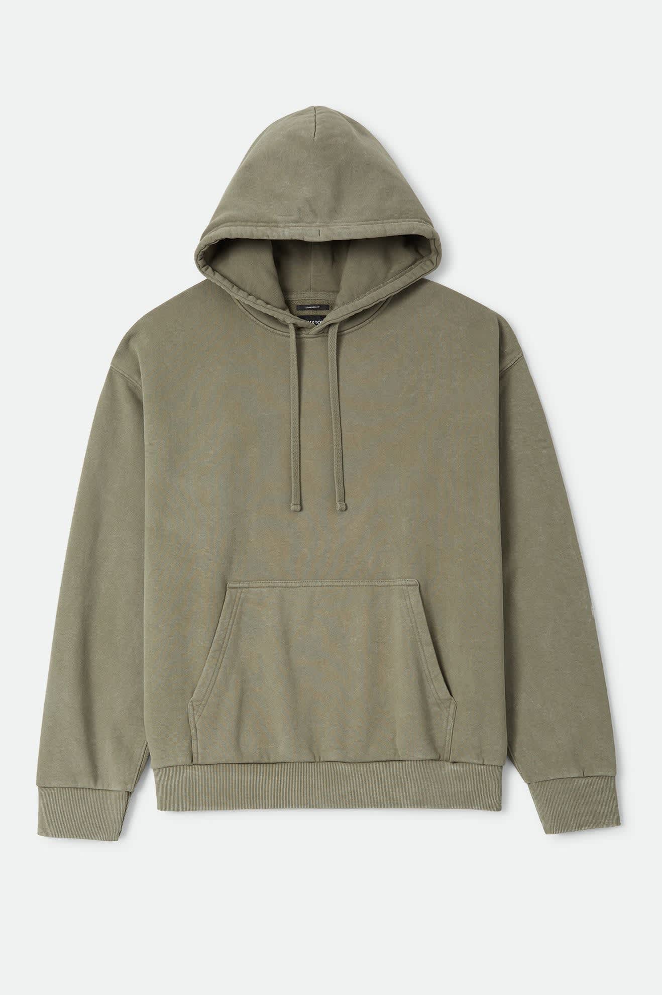 Men's Brixton Baseline Hood Fleece in the color Olive Surplus Vintage Wash - Front Product Laydown Image