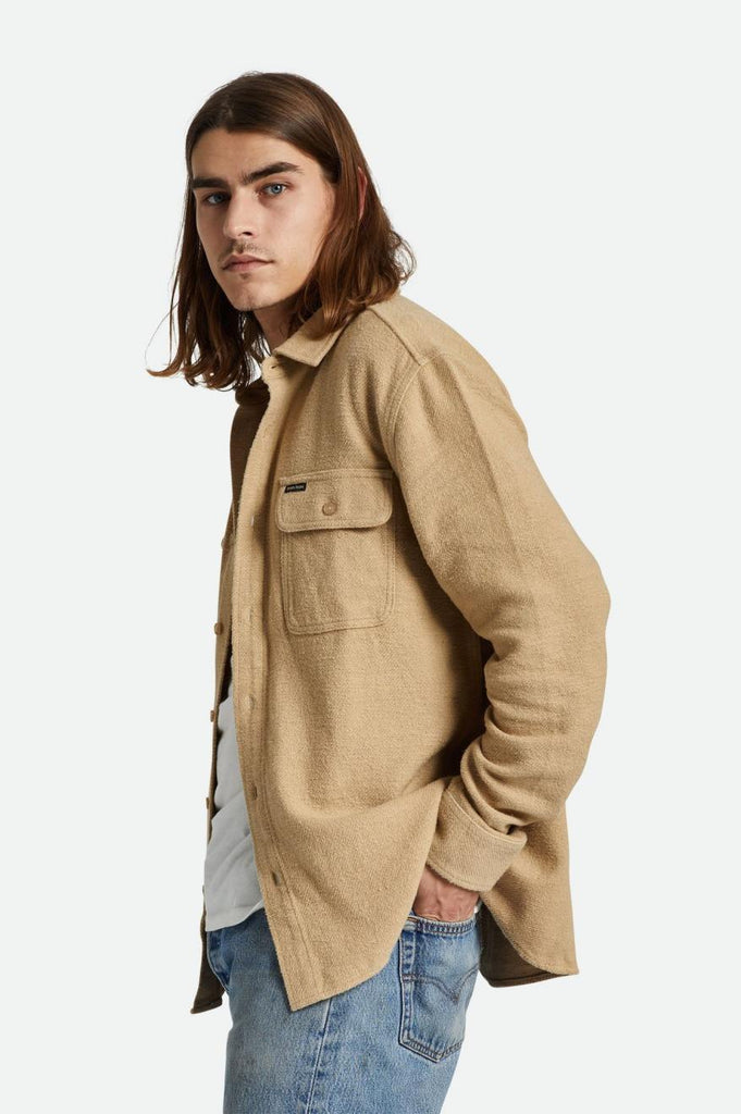 Men's Fit, Side View | Bowery Textured Loop Twill L/S Overshirt - Sand