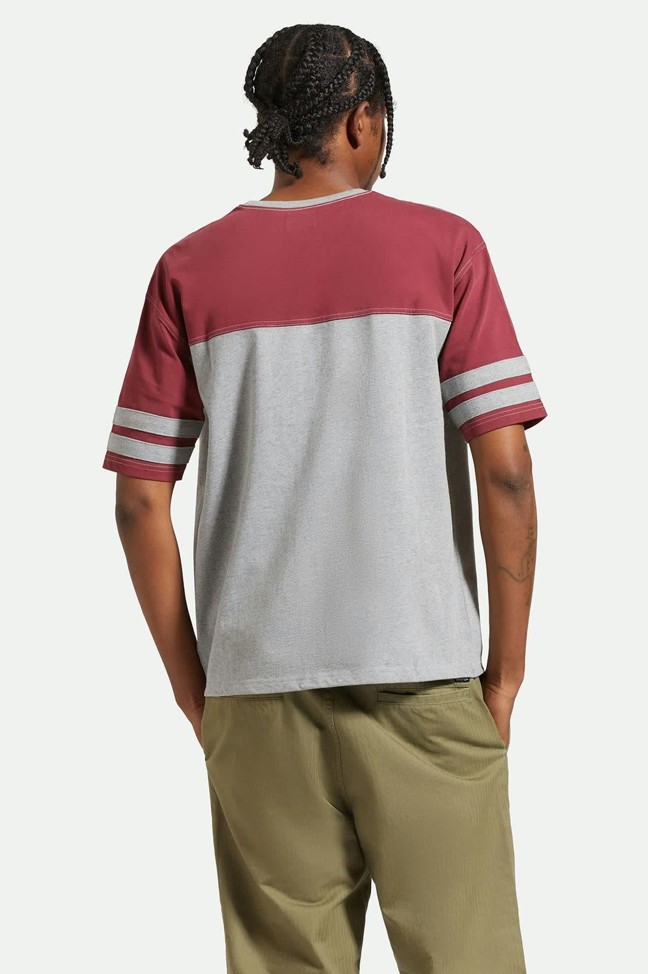 Men's Varsity Heavyweight Football T-Shirt in the color Heather Grey/Cordovan Red - Men's Back View
