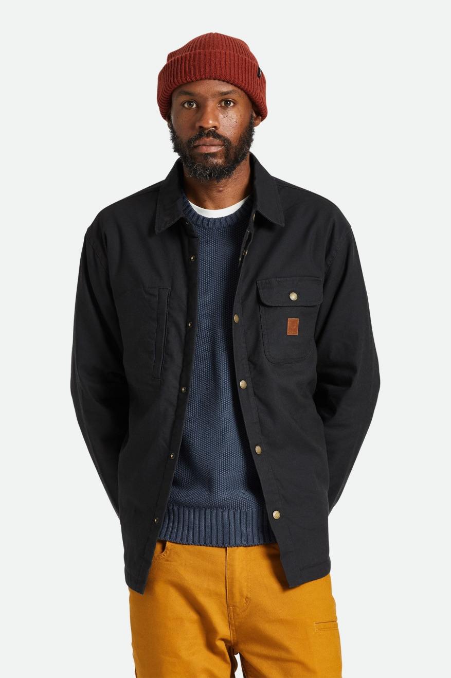 Men's Fit, Front View | Builders Stretch Flannel Lined Jacket - Washed Black