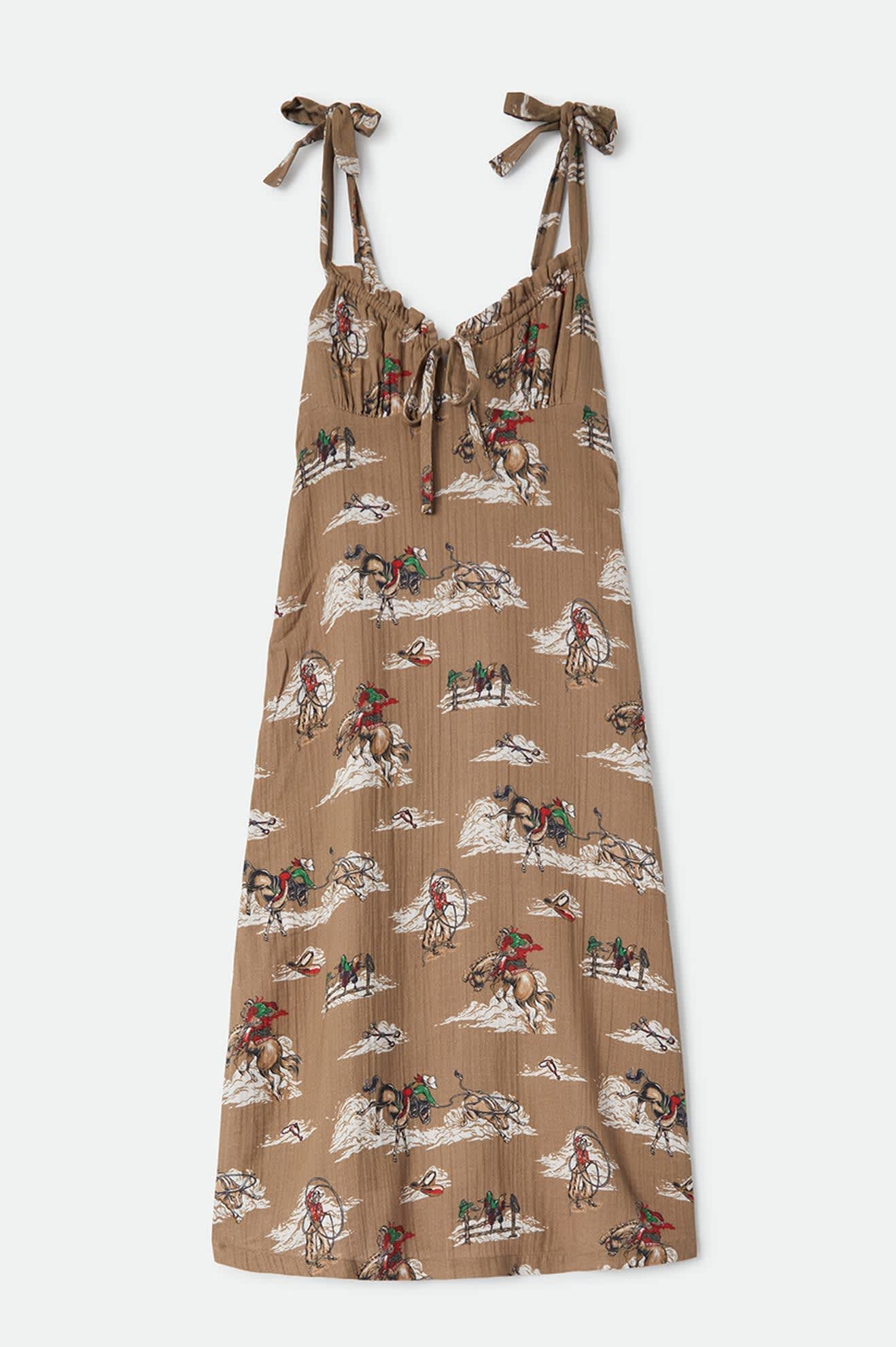 Women's The Tie Dress in the color Mid Century Cowboy Print - Front Product Laydown Image