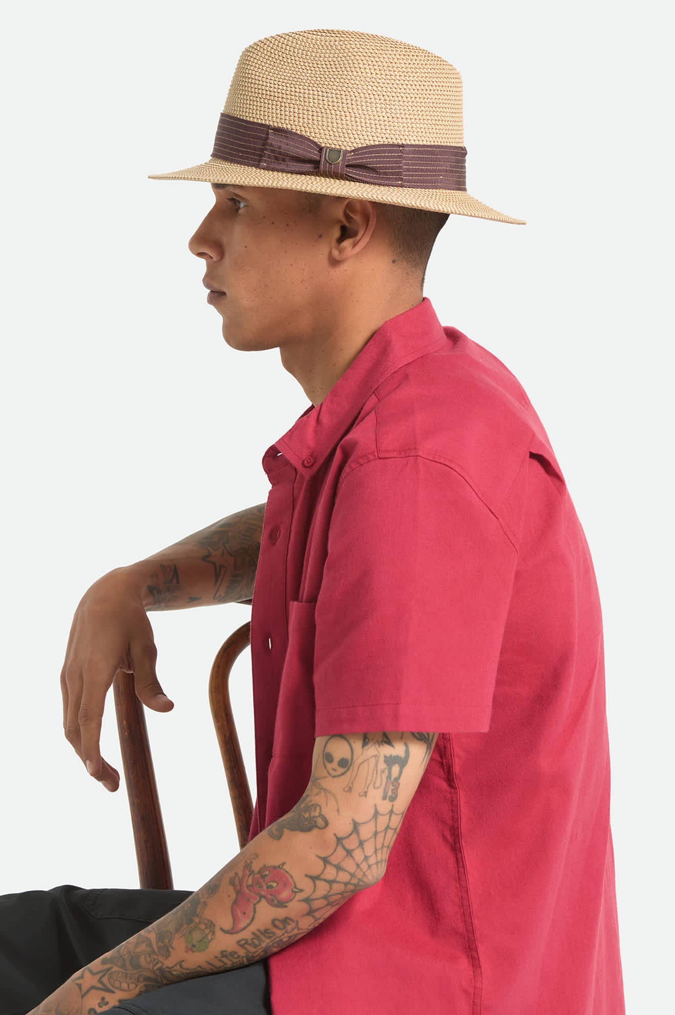 Unisex Roma Straw Packable Fedora in the color Multi Brown/Chocolate - Men's Side View