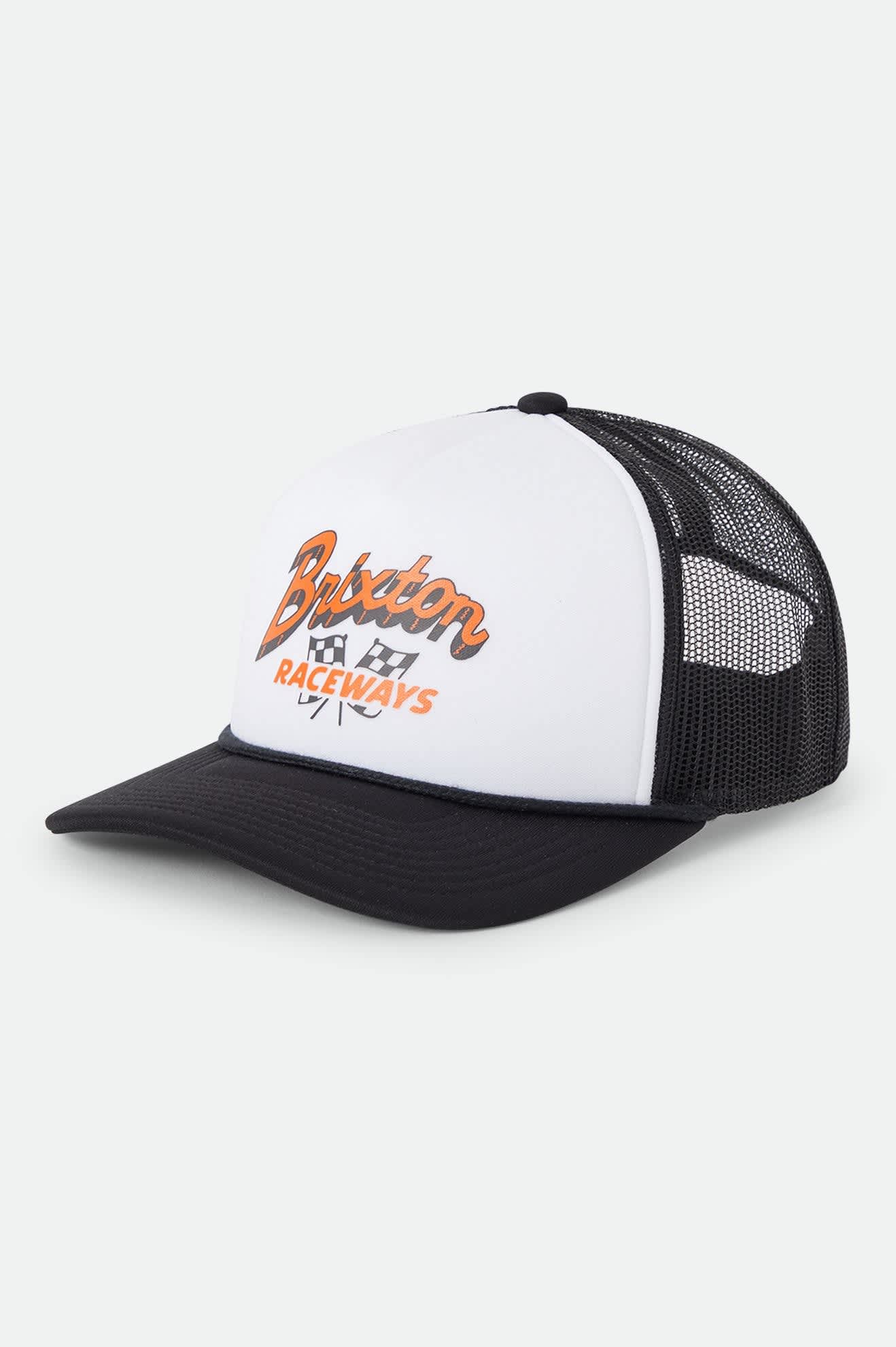 Unisex Clemont Trucker Hat in the color Black/White - Front Product Laydown Image
