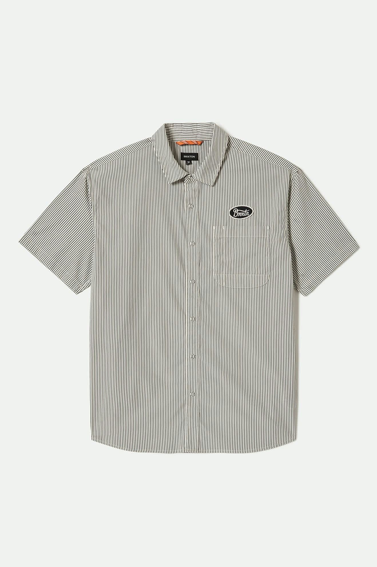 Men's Builders Auto S/S Shirt in the color Black/Off White Stripe - Front Product View