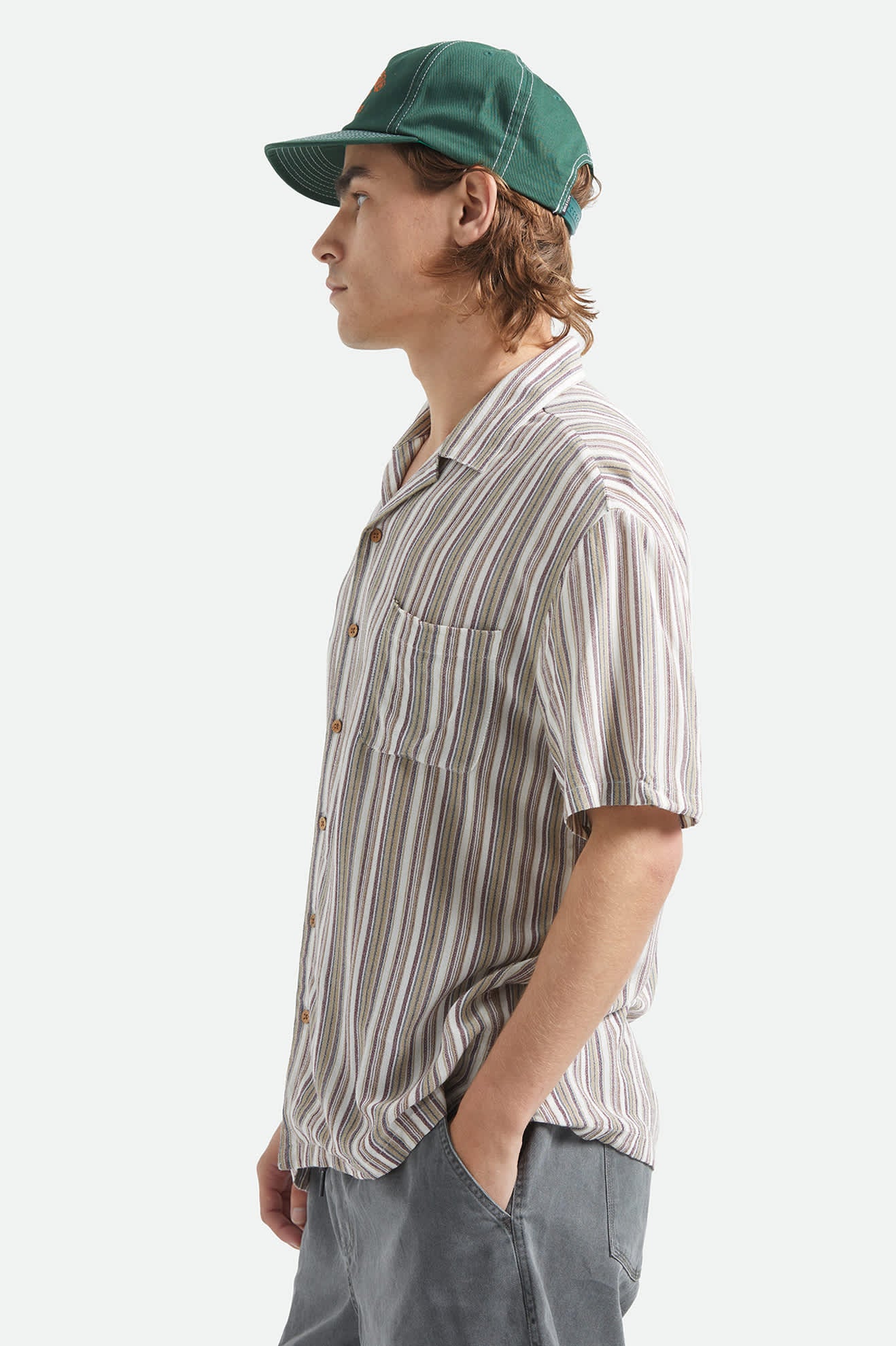 Men's Bunker Twisted Stripe Short Sleeve Camp Collar Shirt in the color Robust Red - Men's Side View