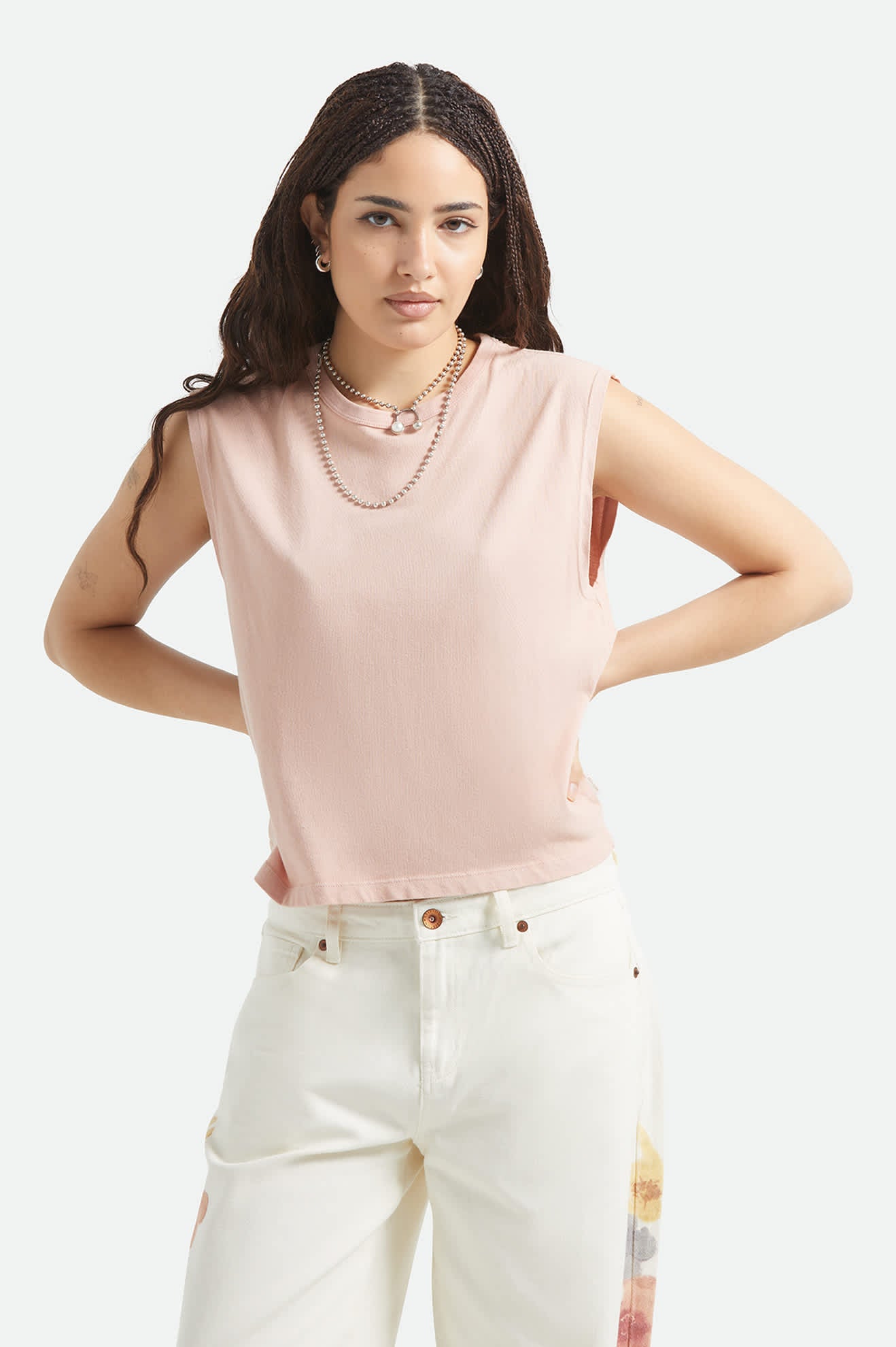 Women's Carefree Organic Garment Dye Muscle Tank in the color Silver Pink - Women's Front View