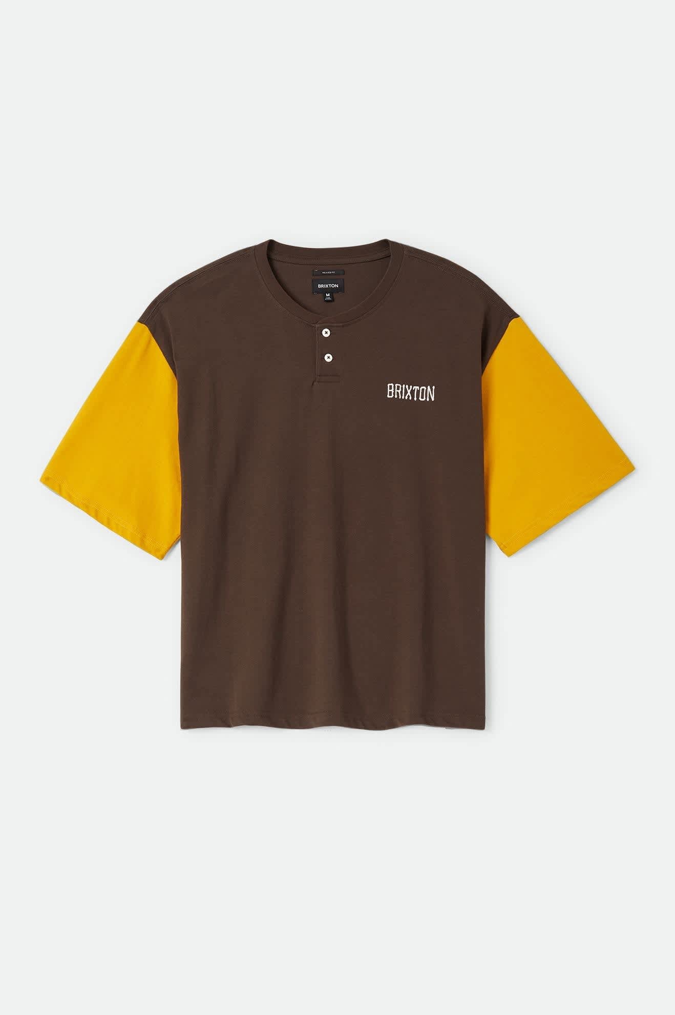 Men's Boxy Baseball T-Shirt in the color Walnut Brown/Golden Hour - Front Product Laydown Image