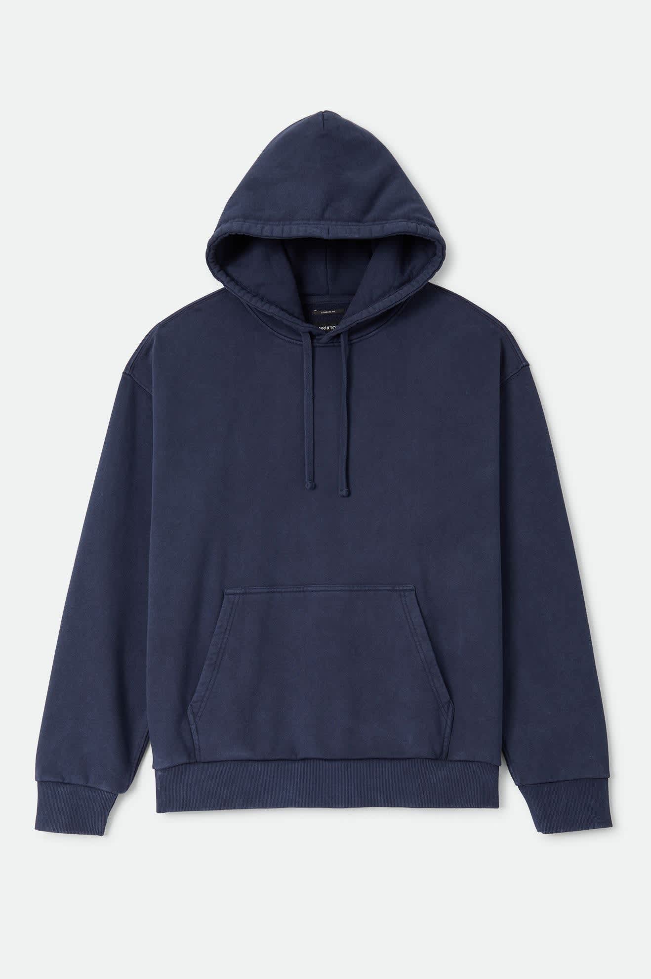 Men's Brixton Baseline Hood Fleece in the color Washed Navy Vintage Wash - Front Product Laydown Image