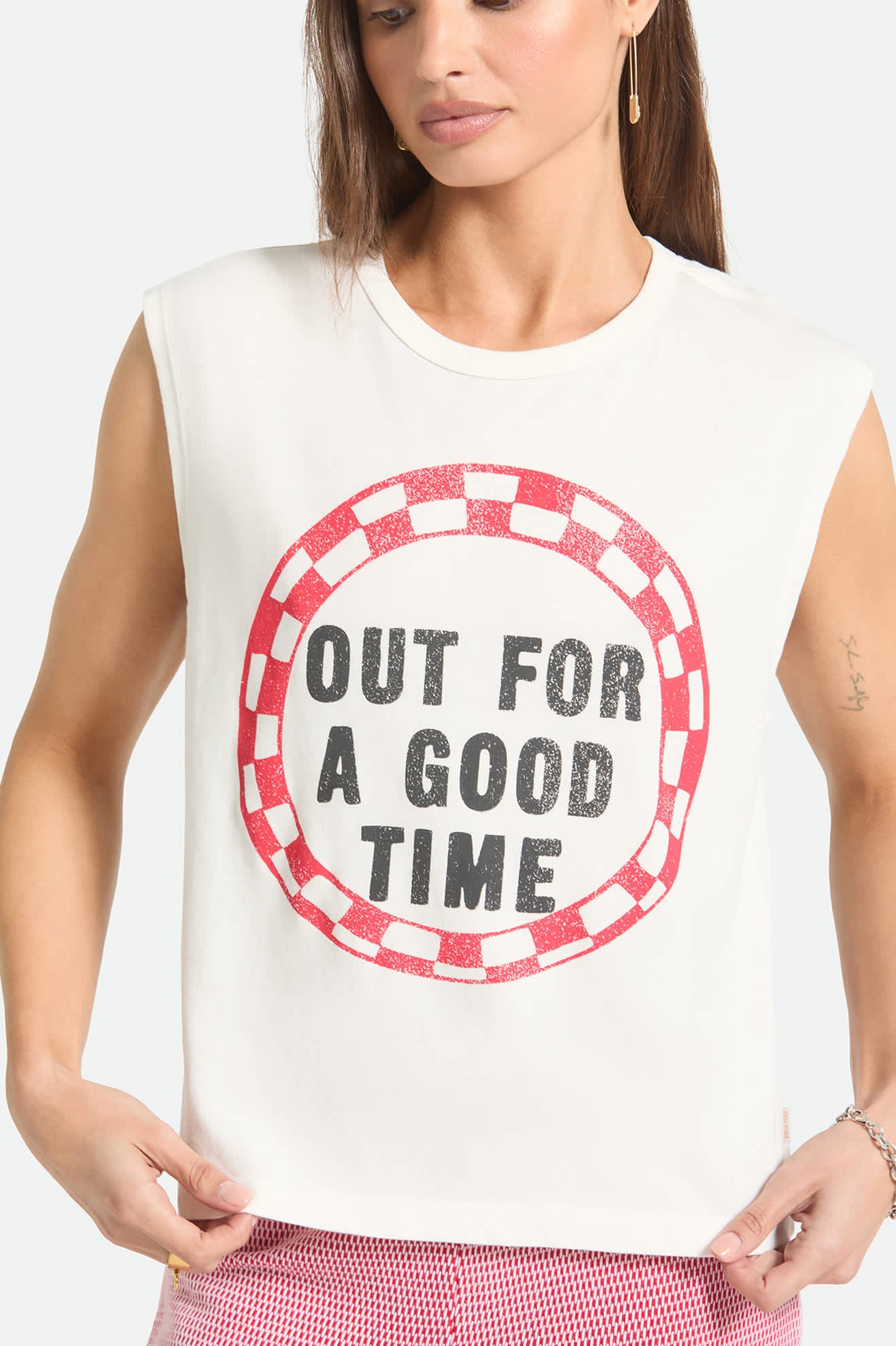 Women's Out For A Good Time Muscle Tank in the color Off White - Additional Fit image