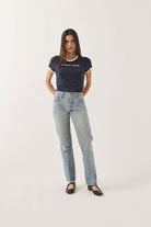 Women's Smoke Show Baby T-Shirt in the color Washed Navy/Whitecap - Women's Front Fit Image