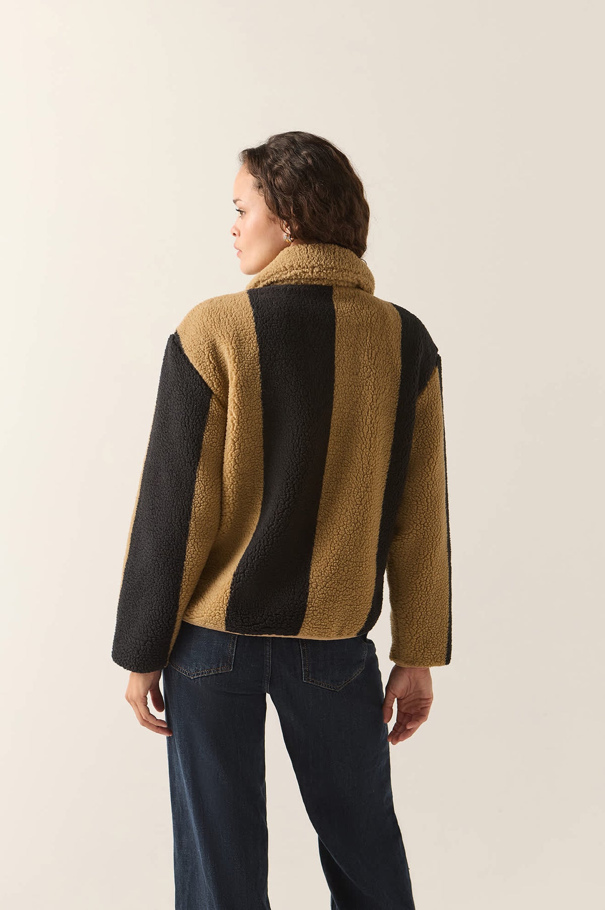Women's Delilah Sherpa Jacket in the color Khaki/Black Stripe - Women's Back View