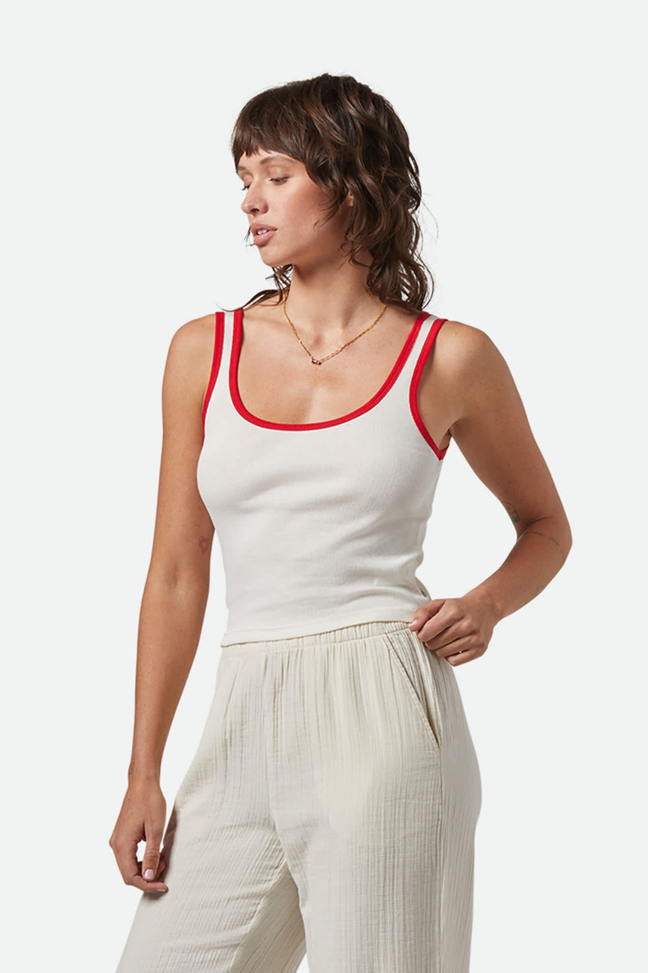 Women's Ringer Organic A-Tank in the color Off White/Crimson - Women's Front View