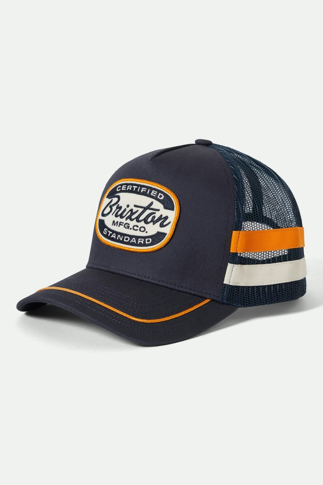 Unisex Copley Netplus Trucker Hat in the color Navy/Navy - Front Product View