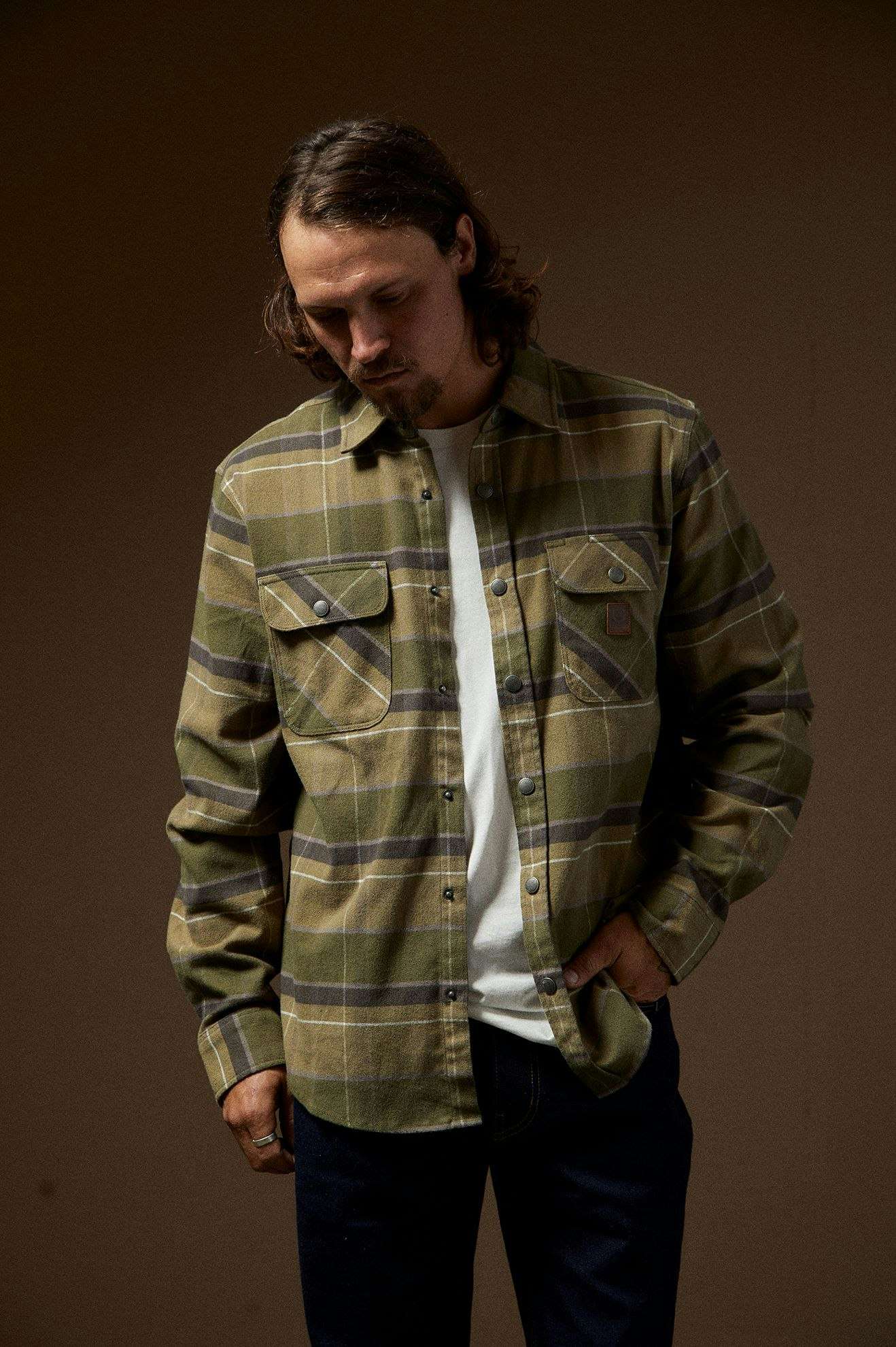 Men's Lifestyle 1 | Builders Bowery Stretch Water Resistant L/S Flannel - Dill/Olive Surplus/Washed Black