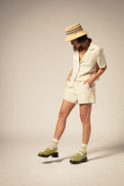 Women's Silky S/S Jacquard Button Down in the color Whitecap Floral Jacquard - Additional Fit image