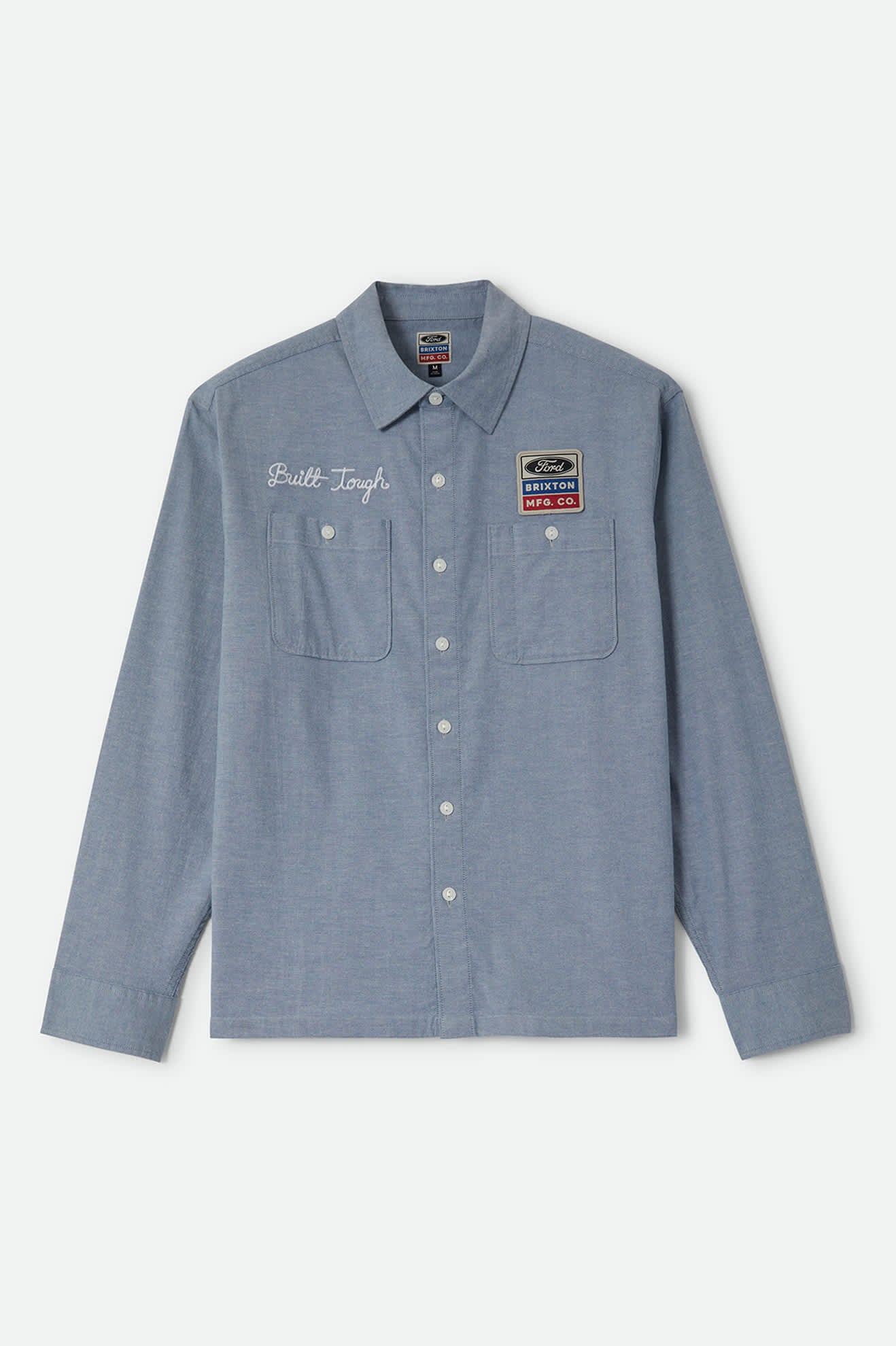Men's Ford Service Dept Workshirt in the color Blue Chambray - Front Product Laydown Image