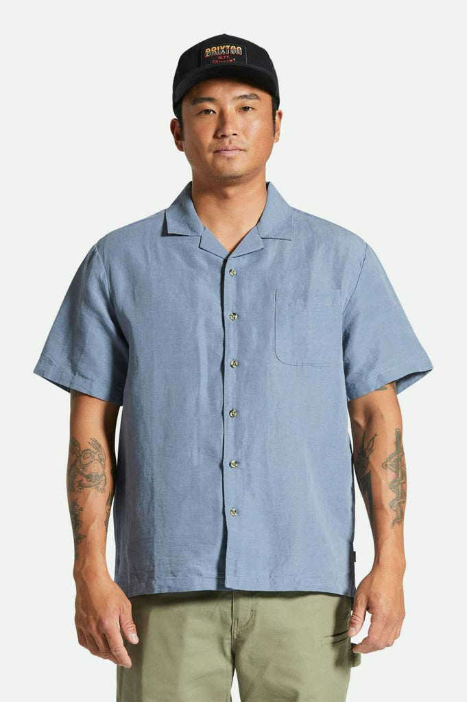 Men's Fit, Front View | Bunker Linen S/S Camp Collar Woven Shirt - Flint Stone Blue