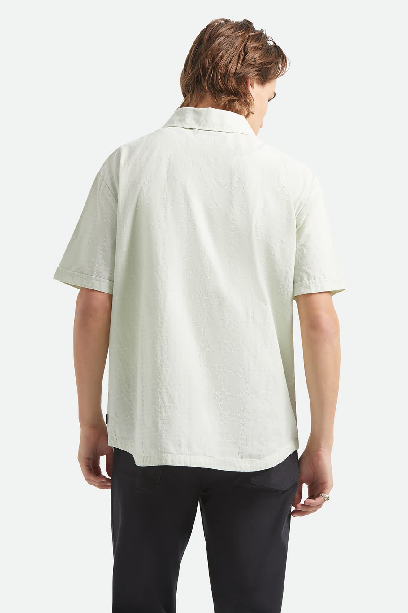 Men's Vintage Short Sleeve Shirt in the color Sea Foam Jacquard Check - Men's Back View