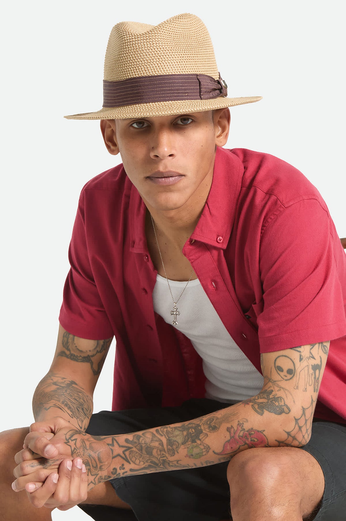 Unisex Roma Straw Packable Fedora in the color Multi Brown/Chocolate - Men's Front View