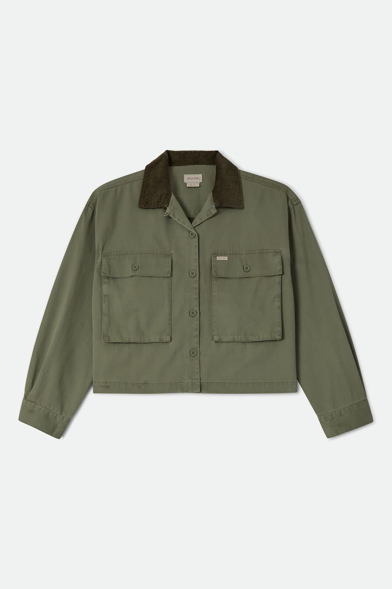 Women's Utopia Overshirt in the color Washed Olive Surplus - Front Product Laydown Image