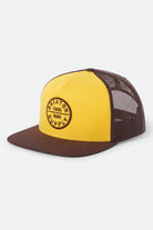 Unisex Oath Trucker Hat in the color Golden Hour/Coco - Front Product Laydown Image
