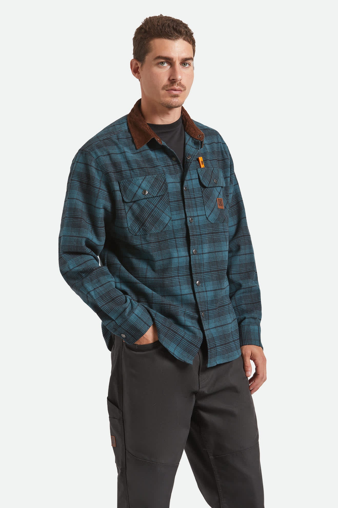 Men's Builders Bowery Performance Flannel in the color Night Sage/Black - Men's Front View