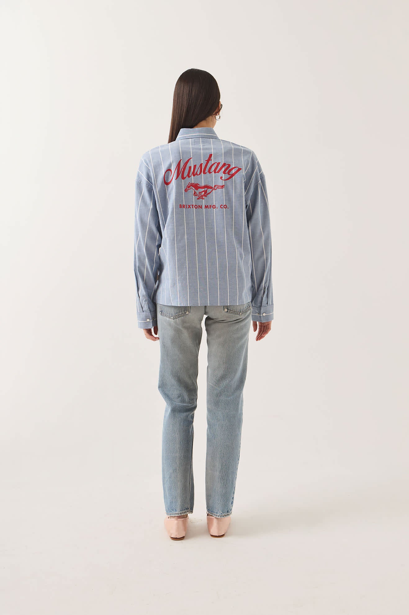 Women's Ford Mustang Sally Shirt in the color Blue Chambray/Stripe - Women's Back View