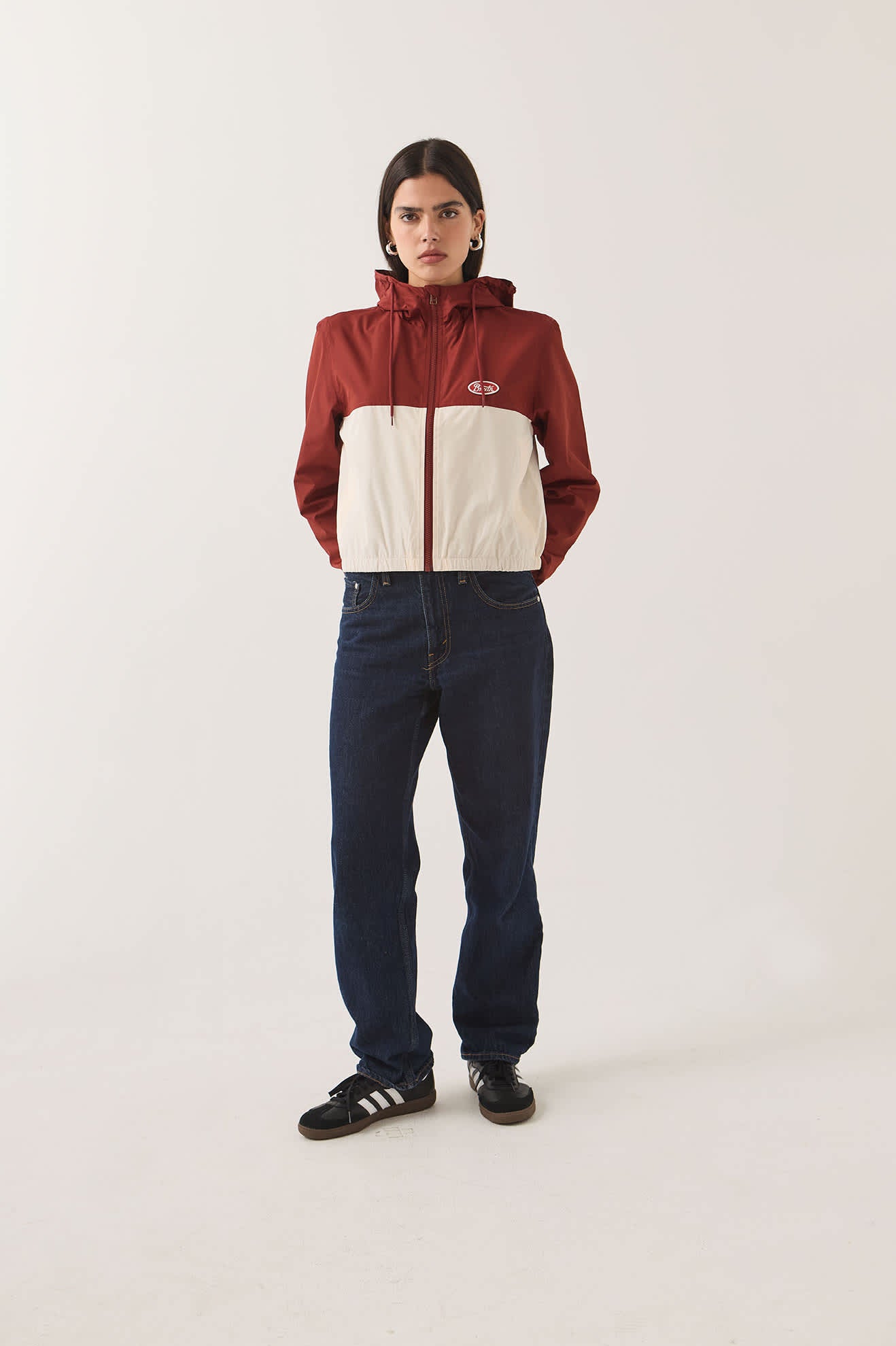 Women's Parsons Lightweight Hooded Windbreaker in the color Dark Brick/Whitecap - Women's Front Fit Image