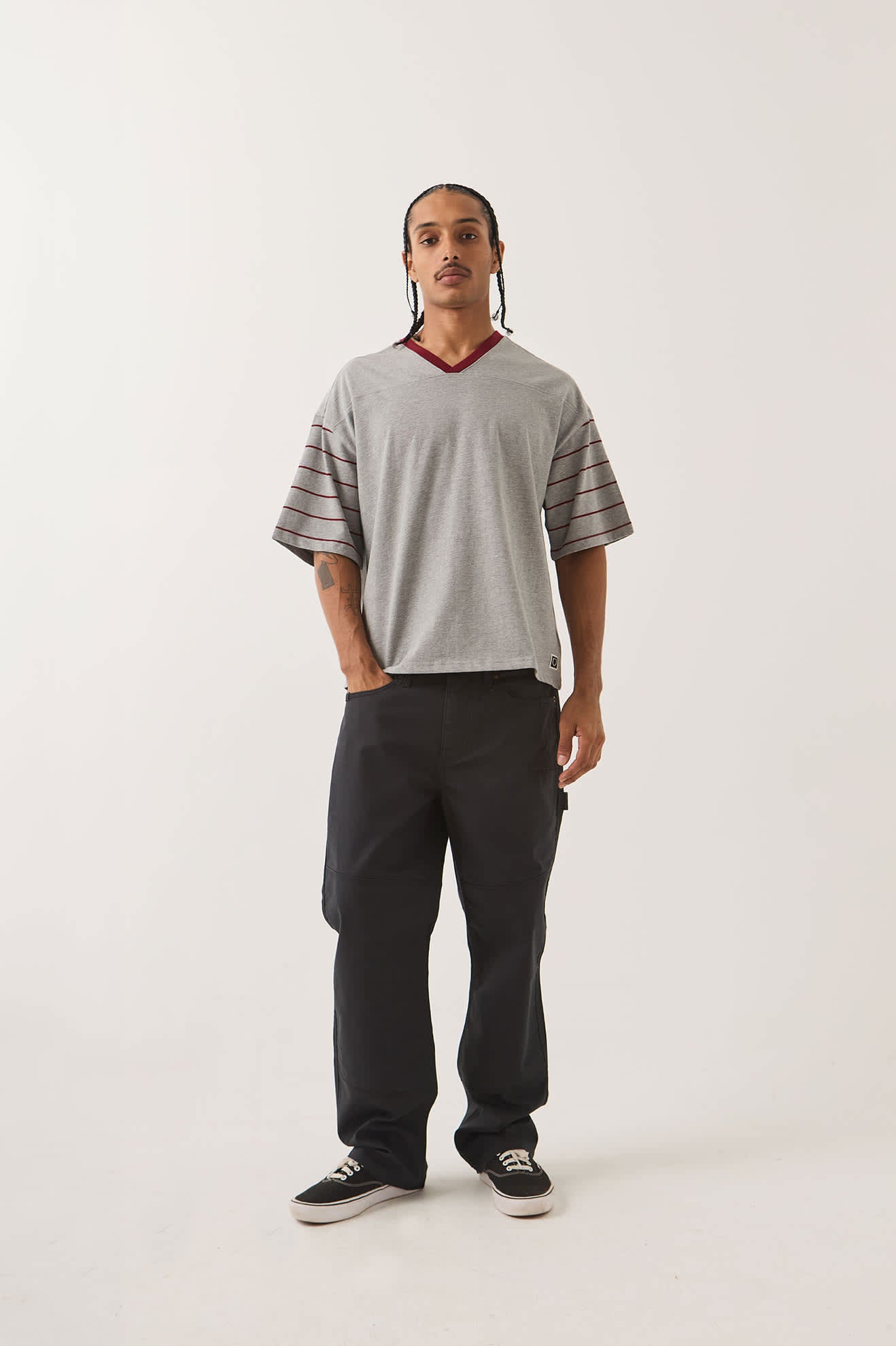 Men's Brixton Football T-Shirt in the color Heather Grey/Maroon - Men's Front View