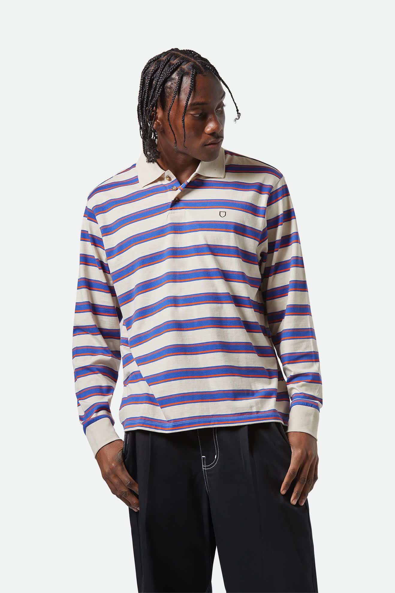 Men's Vintage Stripe L/S Polo  in the color Electric Blue/Flame/Whitecap - Men's Front View