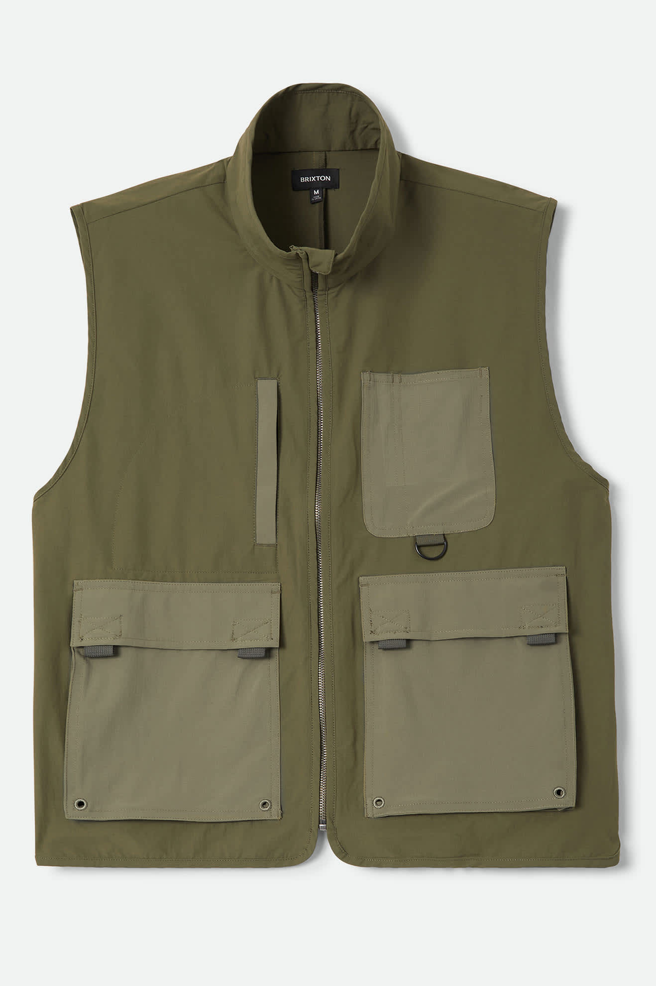 Men's Journey Utility Vest in the color Dark Olive/Olive Surplus - Front Product Laydown Image