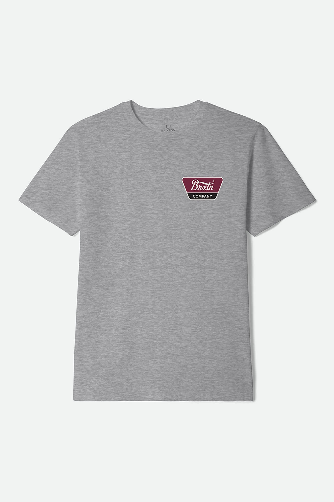 Men's Linwood Short Sleeve Standard T-Shirt in the color Heather Grey/Off White/Red Mahogany - Front Product Laydown Image