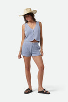 Women's The Weekend Cross Loop French Terry Lounge Short in the color Off White/Electric Indigo - Women's Front View