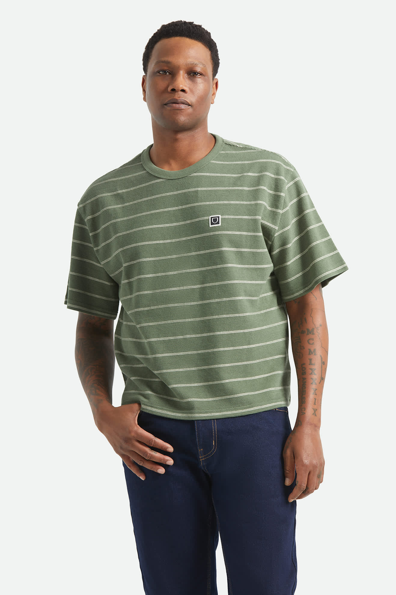 Men's Parsons Stripped Pique Boxy T-Shirt in the color Dark Olive/Whitecap - Men's Front View