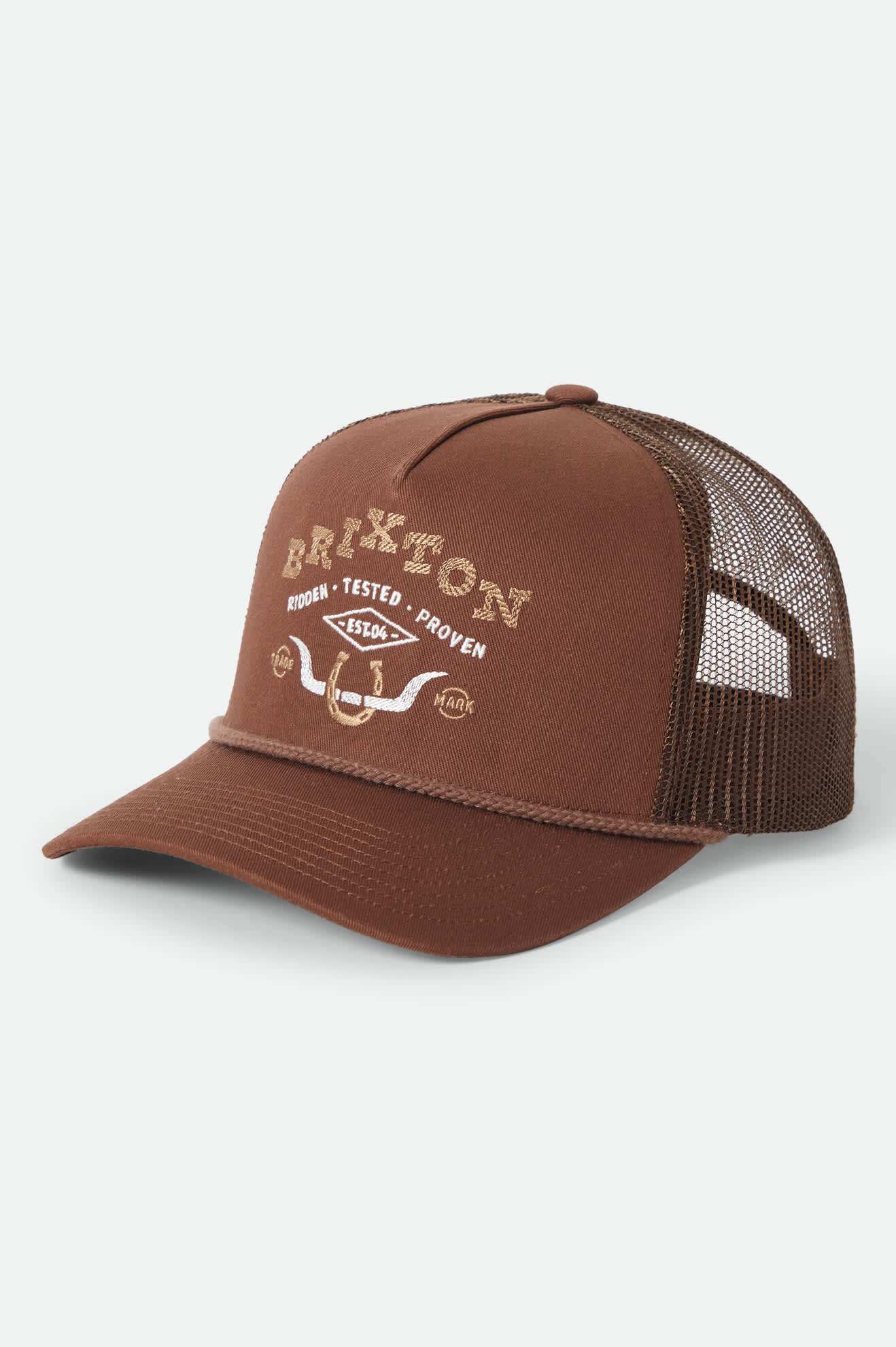 Unisex Beekman Netplus Trucker Hat in the color Brown/Brown - Front Product Laydown Image