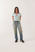 Women's Lucky In Love Baby T-Shirt in the color Sea Grass/Adrenaline Red - Women's Front Fit Image