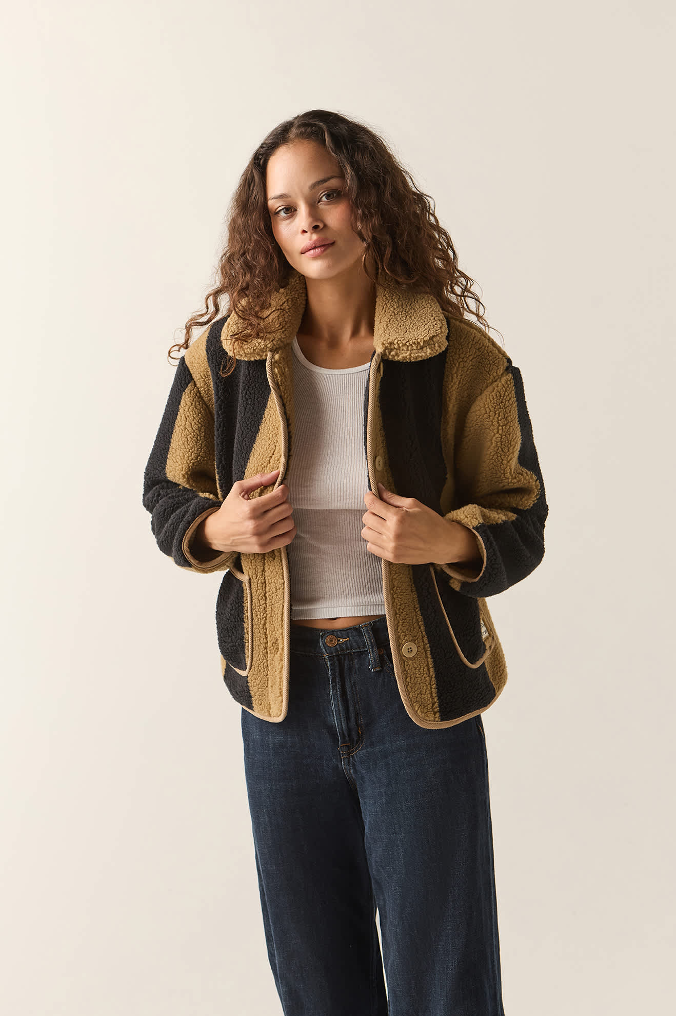 Women's Delilah Sherpa Jacket in the color Khaki/Black Stripe - Additional Fit image