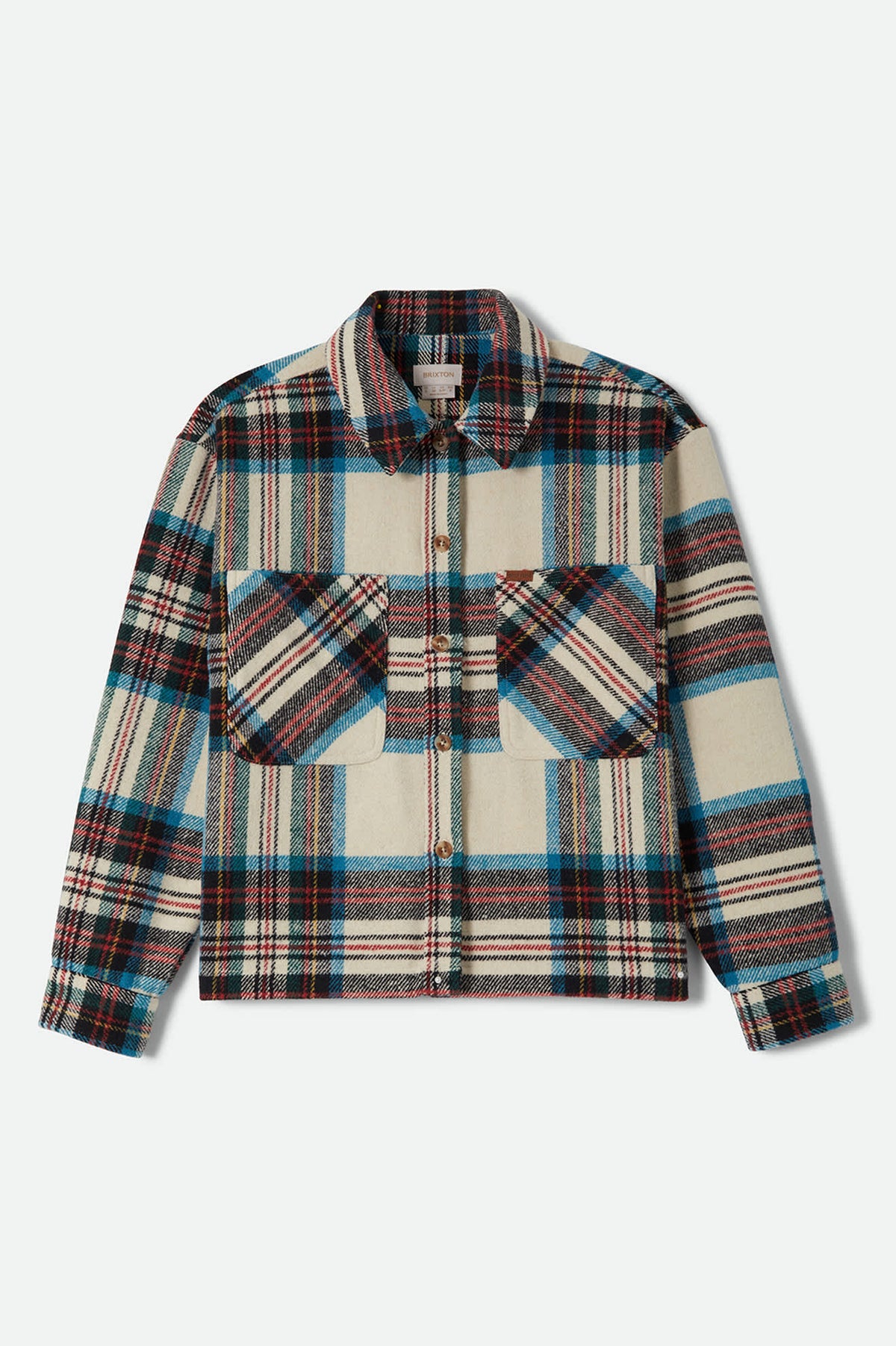 Women's Bowery Women's Soft Brushed Flannel in the color Off White Black/Tranquil Blue - Front Product Laydown Image