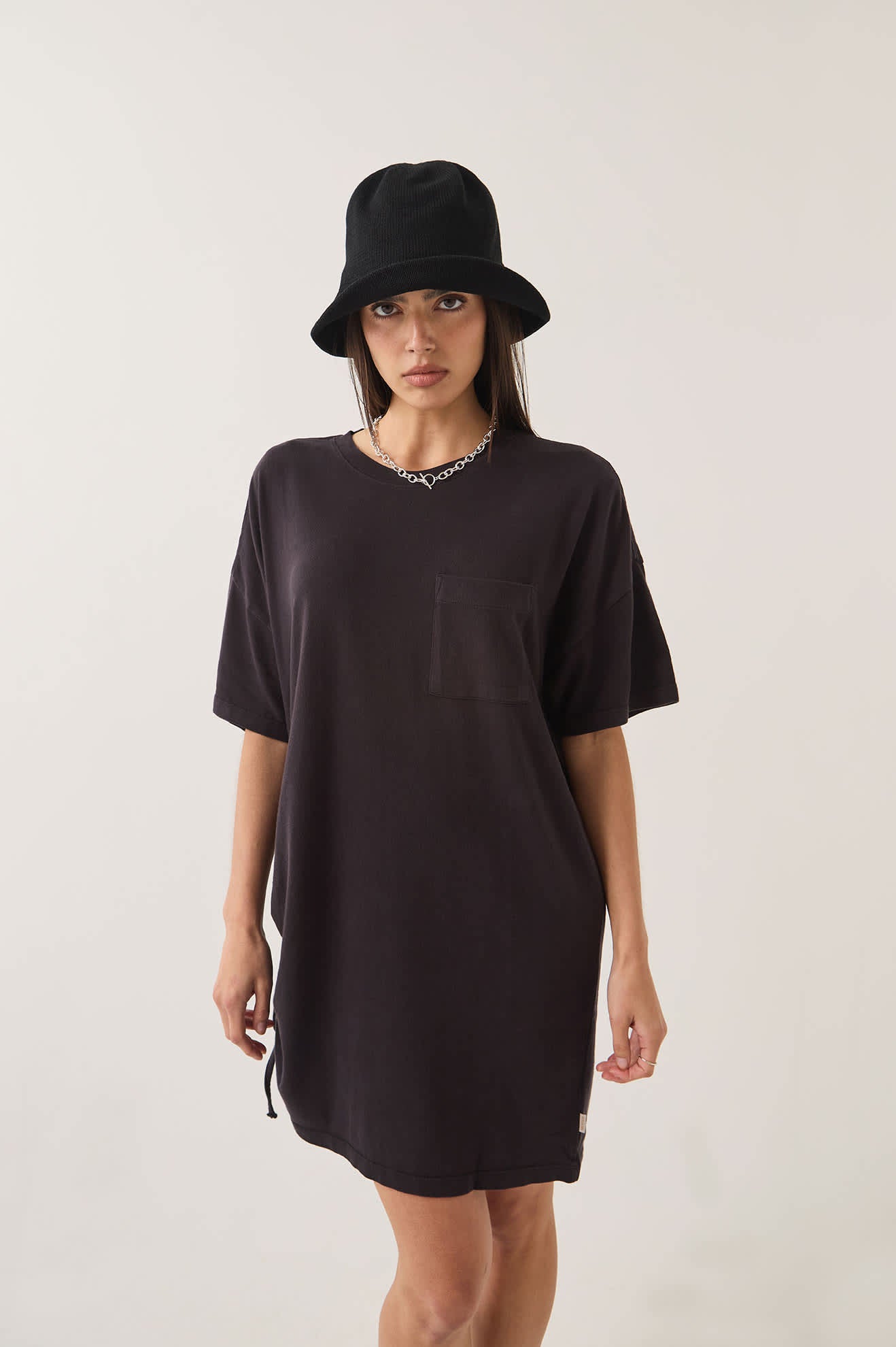 Women's Carefree Organic Garment Dye T-Shirt Dress in the color Black - Additional Fit image