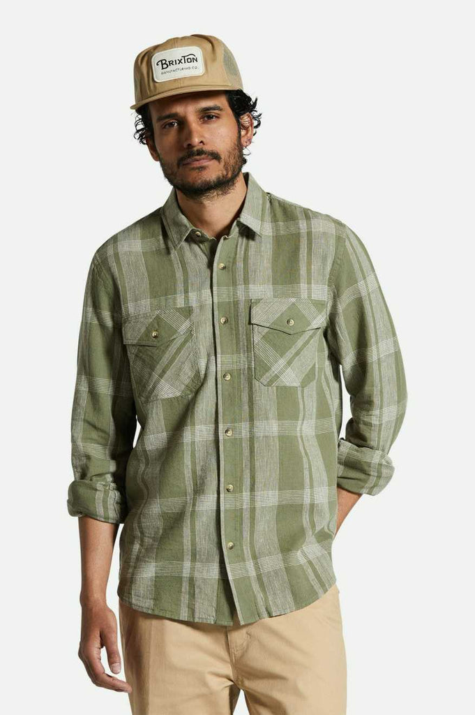 Men's Fit, Front View | Memphis Linen Blend L/S Woven Shirt - Olive Surplus/Whitecap