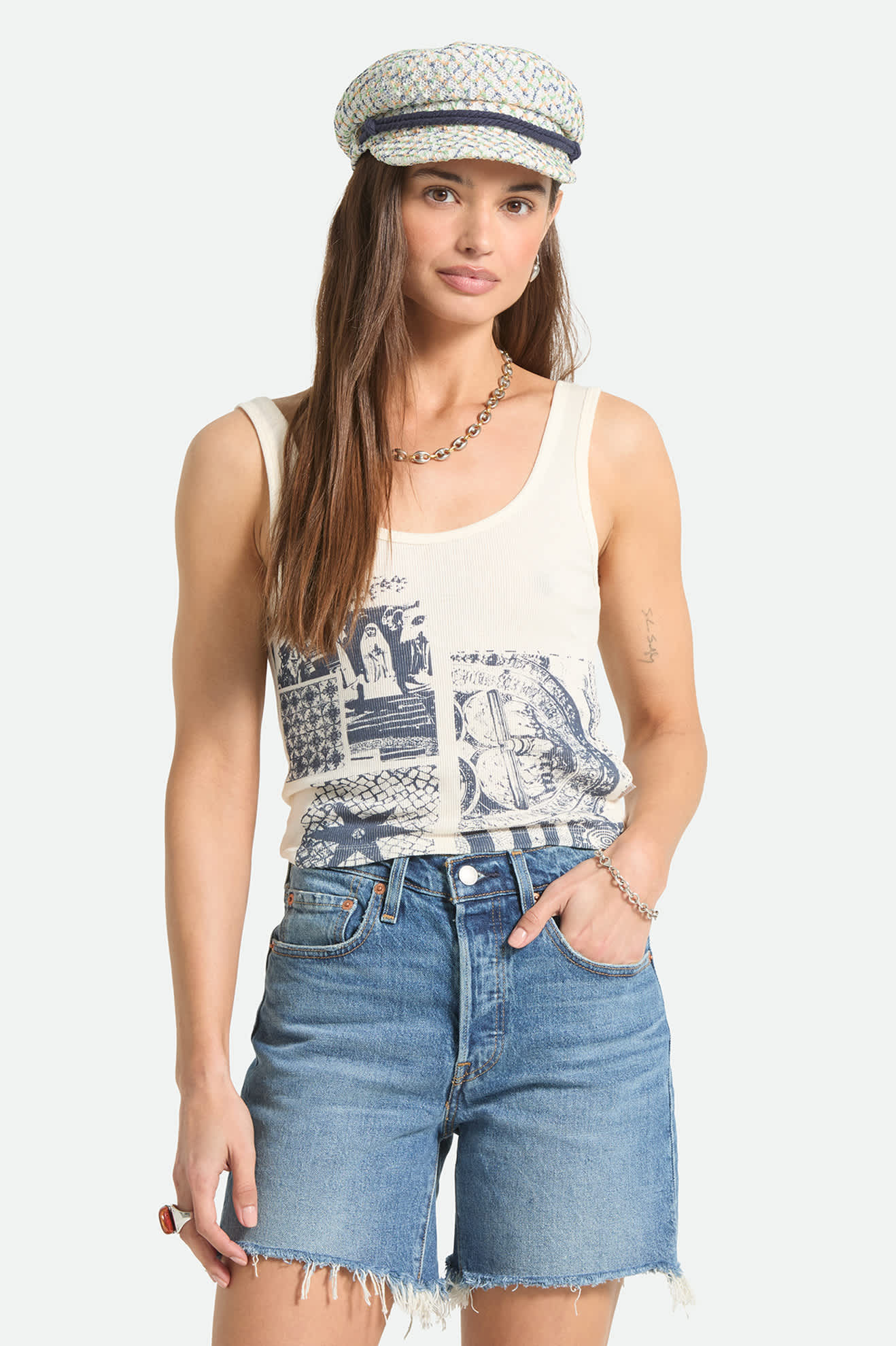 Women's Collage A-Tank in the color Off White - Women's Front Fit Image