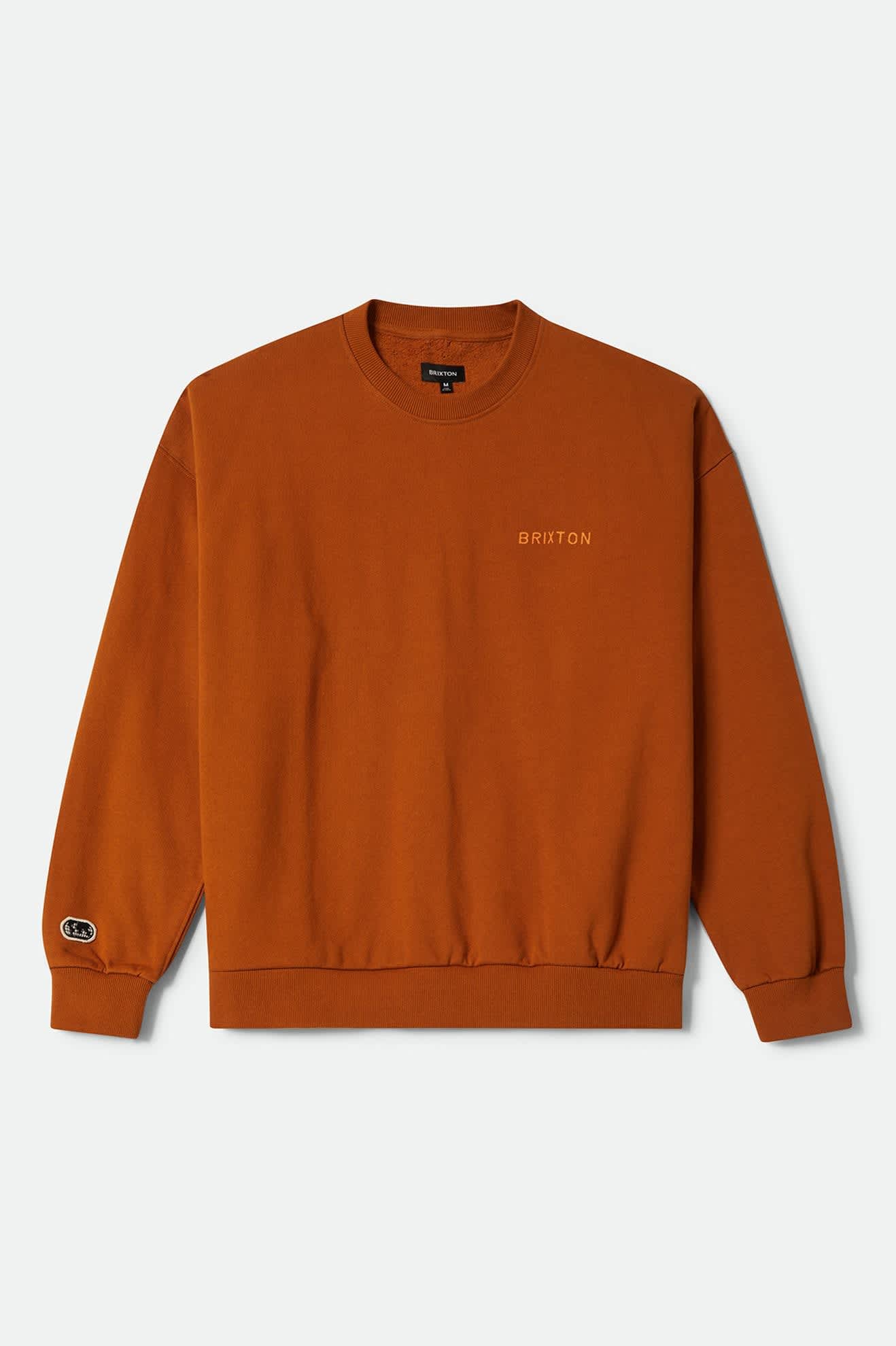 Men's Embroidered Heavyweight Crew in the color Rustic Caramel - Front Product Laydown Image