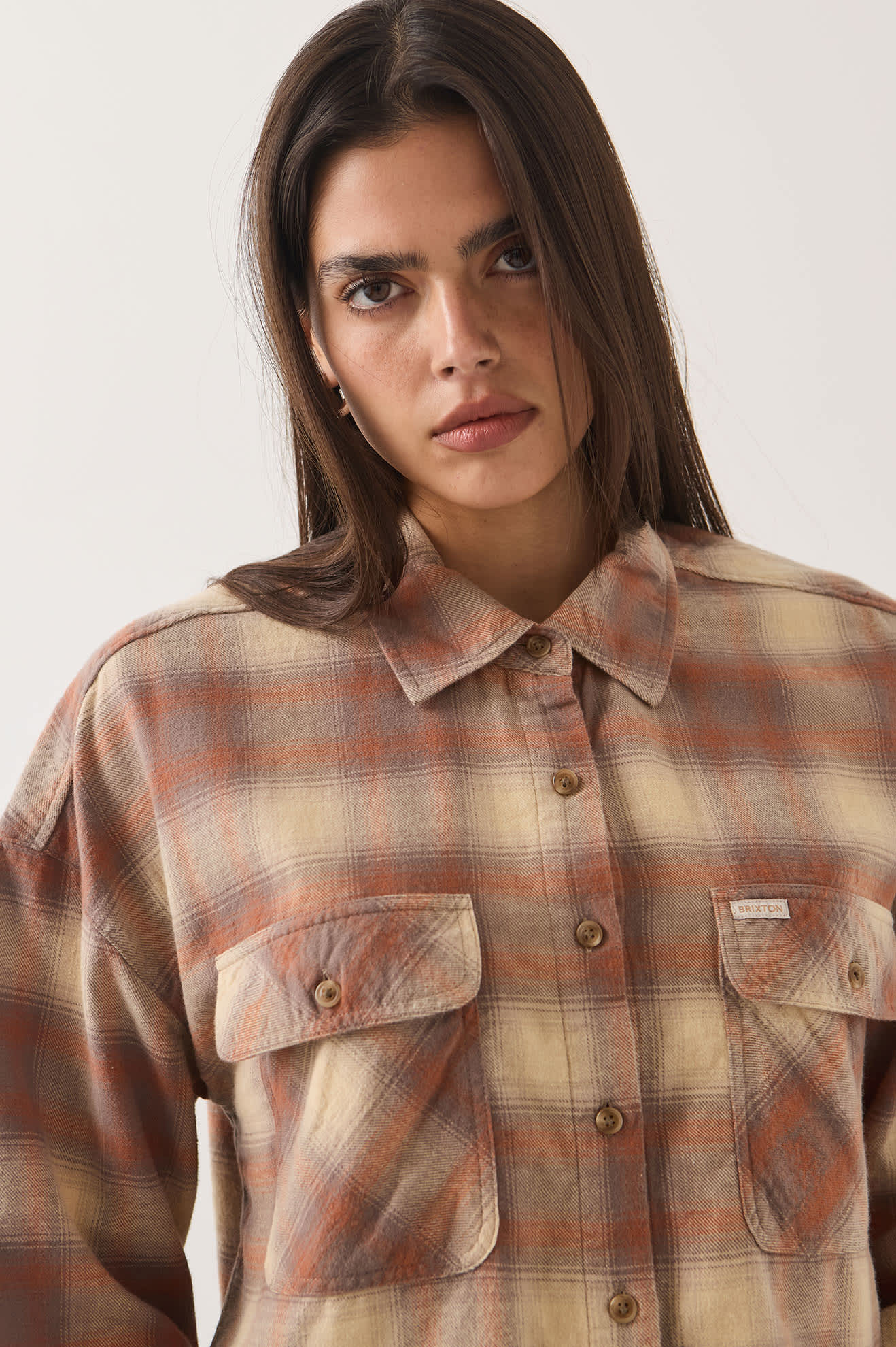 Women's Bowery Crop Women's Overshirt in the color Soft Tan Window Plaid - Additional Fit image