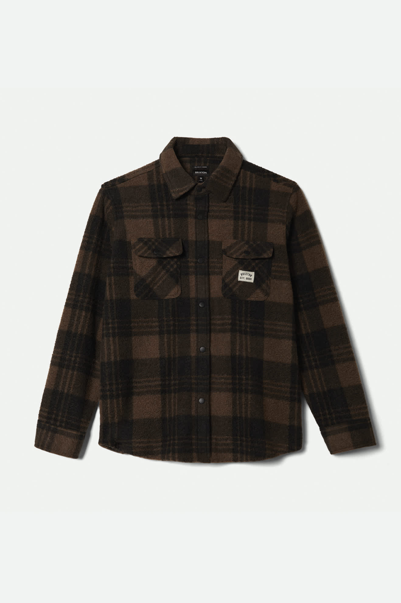 Men's Bowery Woodburn L/S Arctic Stretch Fleece in the color Burro Brown/Black Plaid - Front Product View